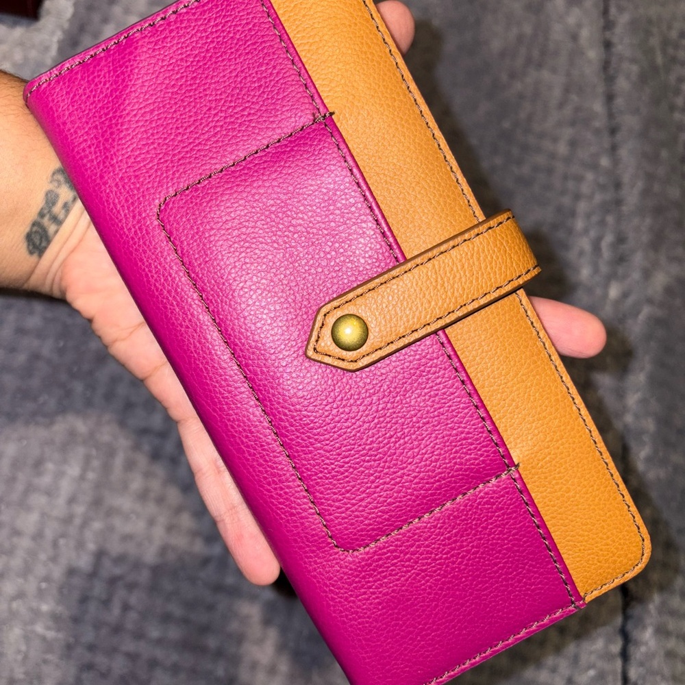 Fossil Fuchsia and Tan Leather Snap Wallet